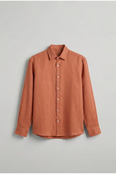 ablukaonline Men's Long Sleeve Regular Fit 100% Linen Shirt Orange