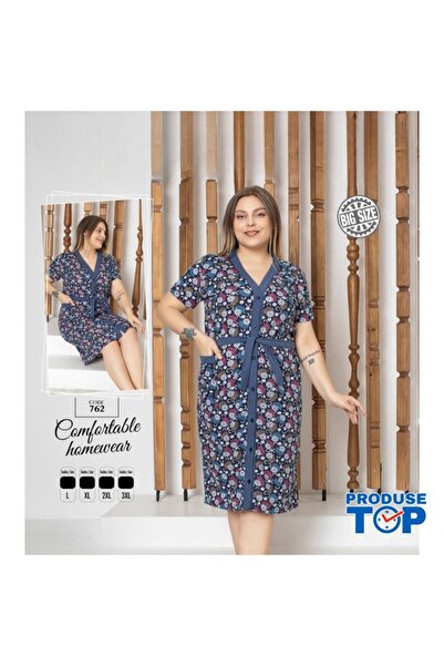 Produse.Top Women's Blue Floral Print House Capod with Buttons CPTD01