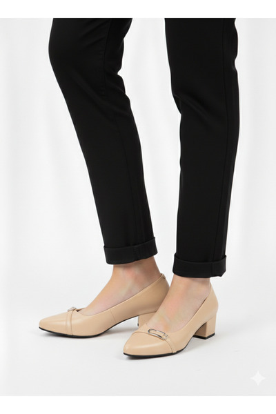 NZN حذاء كلاسيكي من الجلد الطبيعي بإبزيم أحمر وكعب مطلي بارتفاع 4 سم