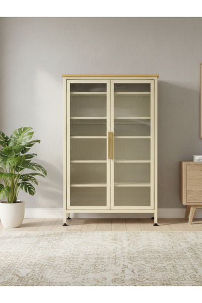 DEC15 A modern storage cabinet with gold accents and ribbed glass – a masterp...