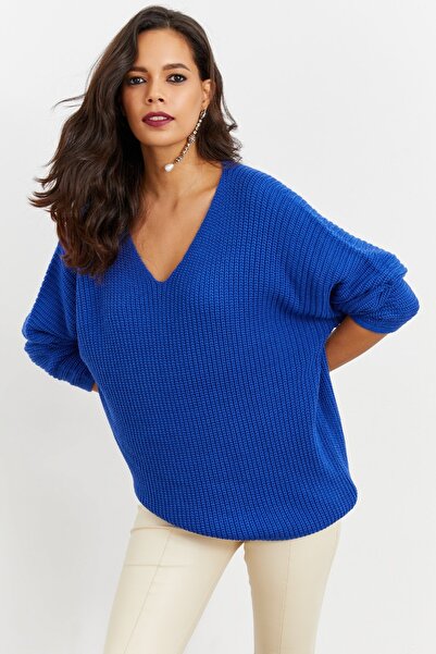 NEW JOURNAL Kadın Saks V Yaka Salaş Triko Tunik SMT158