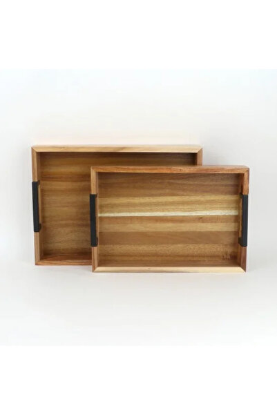 TULIN صينية تقديم خشبية من تاباسي بمقابض معدنية سوداء (مجموعة من قطعتين)