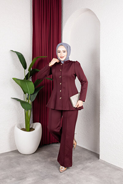 Elif Artar Efso Jacket and Pants Set Burgundy
