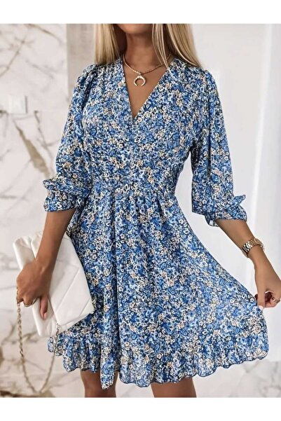 isiltikidsmoda Blue Flower Patterned Kru Double-Breasted Ka Ruffled Mini Dress