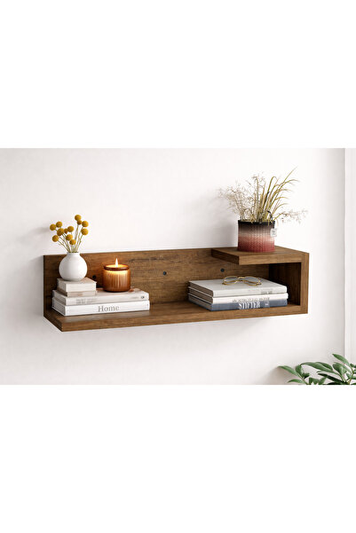 The N Wood 50x14 cm Doğal Ahşap Duvar Rafı Modern Asimetrik Dekoratif Kitaplı...