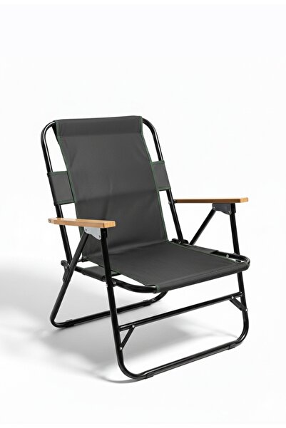 MATMEL Kamp Sandalyesi Ahşap Kollu Siyah Renk Kamp Sahil Sandalyesi