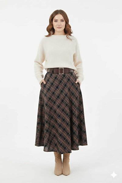 KARSEL Belted Plaid Long Skirt Dark Brown