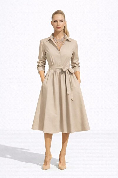 SERAVENZA COUTURE Midi Length Stylish Poplin Shirt Dress with Belt Cou-31