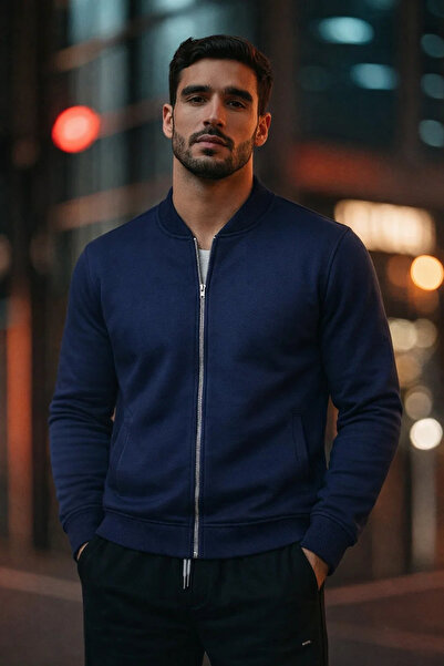 COMBİNE MİCHAİL Men's Zippered Basic Navy Blue College Jacket