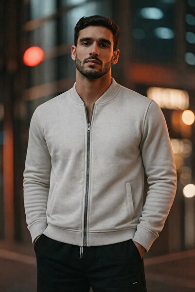 COMBİNE MİCHAİL Men's Zippered Basic Gray College Jacket