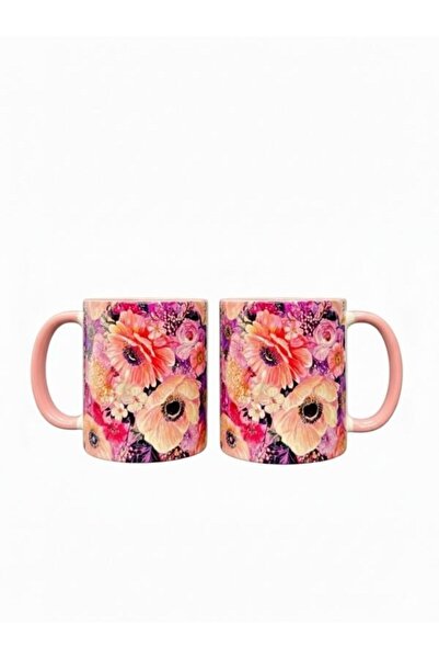 Viyalente Set of 2 300 ml Pink Flower Concept Porcelain Mugs, Machine Washable