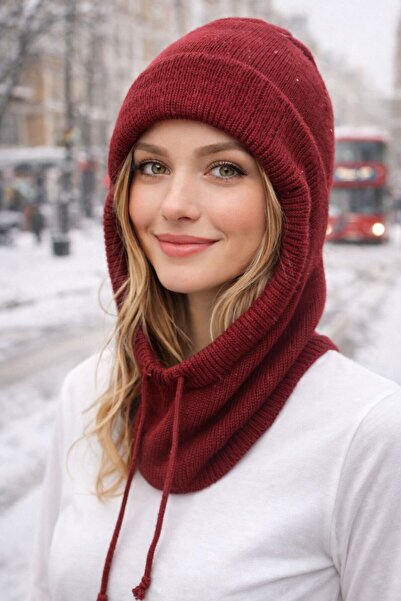 BALIENTE Burgundy Soft Textured Knitwear Balaclava Women's Beanie