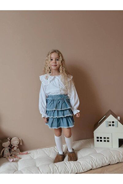 Aden Kız Çocuk Mavi Fırfır Kot Etekli Gömlekli Bayramlık Takım