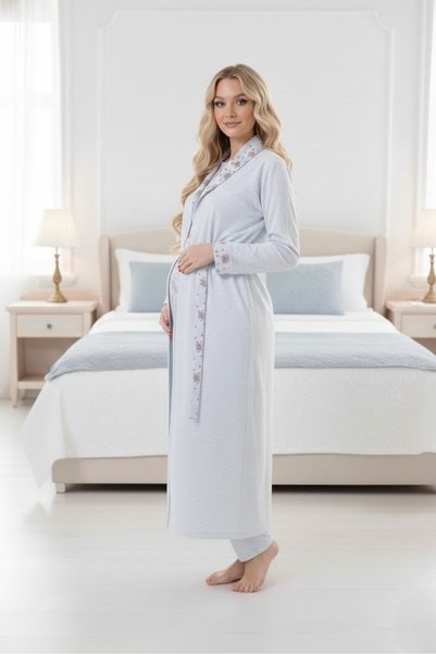 Lohusa Homewear Women's Blue Floral Button Detailed Soft Textured Plus Size Maternity Pajama Set
