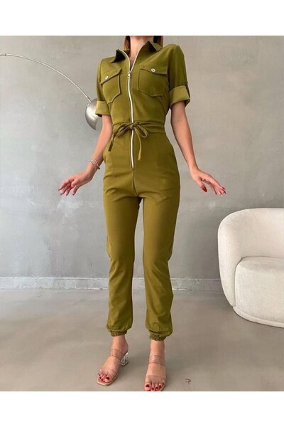 rengamoda Women's Imported Crepe Fabric Zippered Pocket Detail Belted Jumpsui...