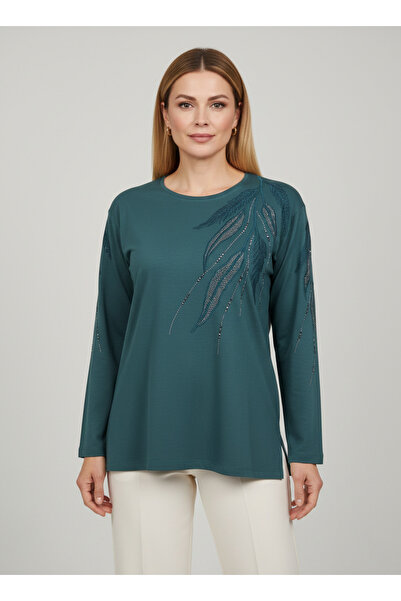 Ravencia Women's Middle Age and Above Leaf Patterned Stoned Slit Embroidered ...