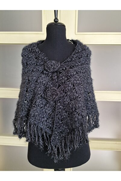 Hobi Kafe Hand Knitted Glittery Anthracite Color Triangular Shoulder Shawl