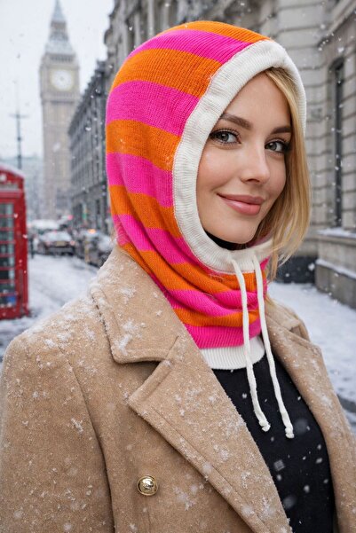 MARBERRY Orange Fuchsia Striped Soft Textured Knitwear Balaclava Women's Beanie