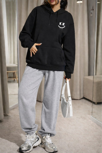 Pink Sky Unisex Smile Printed Hooded Sweatshirt & Jogger Tracksuit Set Oversized