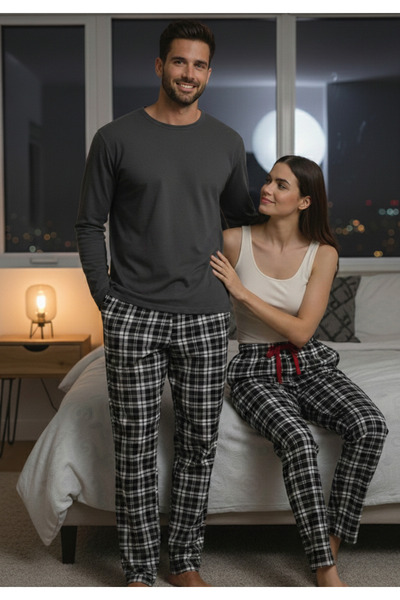 Pijahane ERKEK Siyah Beyaz Ekoseli Çift Pijama Altı Sevgililer Günü Özel – Ra...