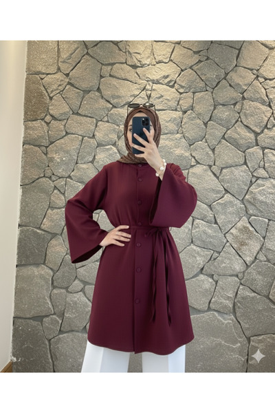Mina Terzi&Butik Düğmeli Kuşaklı Tunik Bordo