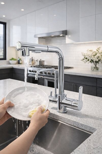 RENA DESIGN Chrome Embellished Spiral 2-Mode Head L Pipe Kitchen Sink Faucet Silver Brass Fitting Tap