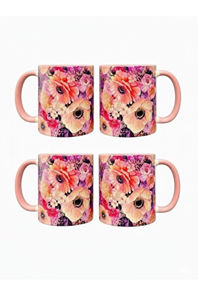 Viyalente Set of 4 300 ml Pink Flower Concept Porcelain Mugs, Machine Washable