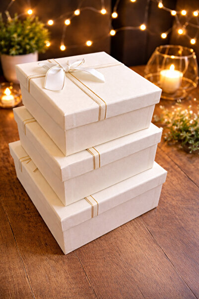 Ecoflex kare Kurdeleli bej Hediye Kutusu Boş 3 lü