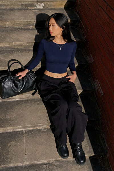 COMBİNE MİCHAİL Tricou crop cu mânecă lungă, strâmt, bleumarin, pentru femei