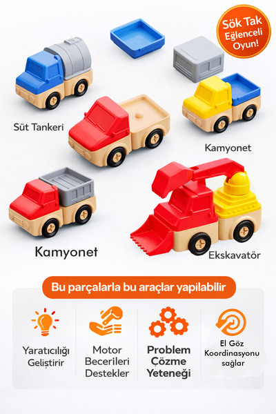 edoy Sök Tak Eğitici Araç Seti | Yap-Boz İş Makineleri | Yaratıcı Montessori Oyuncağı(Rastgele1 Araç)