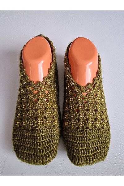 Hobi Kafe Hand Knitted Beaded Green Booties (Çetik)