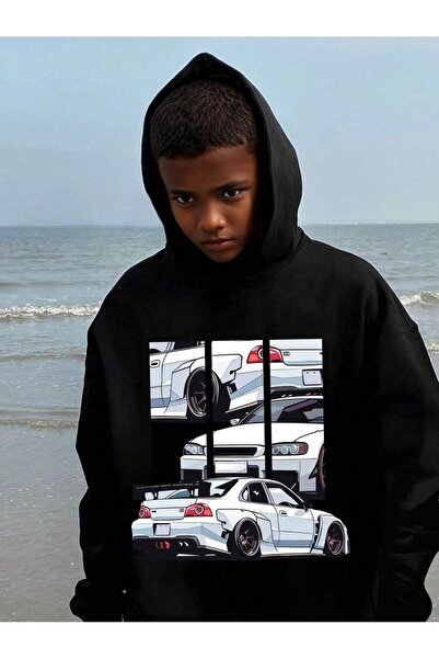 SVART WEAR سويت شيرت دريفت كار مطبوع بغطاء رأس مصنوع من القطن بنسبة 100% للأطفال