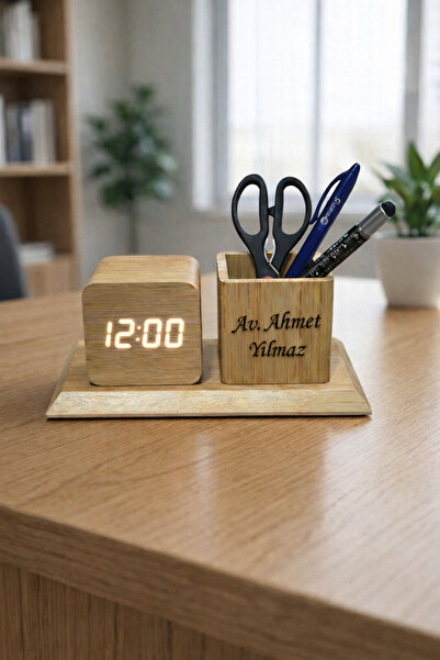 Duru Dijital Kişiye Özel İsimli Ahşap Görünümlü Kalemlikli Dijital Masa Saati...