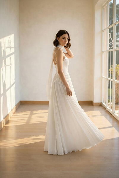 ENDAMIM Bohem Kloş Askılı Kayık Yaka Şifon Uzun Nikah Elbisesi