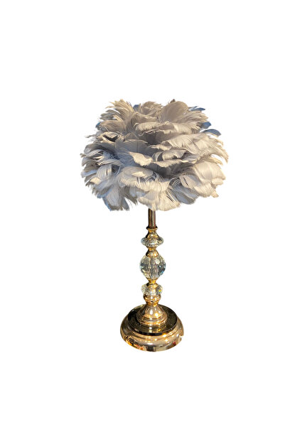 mysecrethome Lüks Kristal Ayaklı Gerçek Tüylü Dekoratif Abajur 50 cm | Gold G...