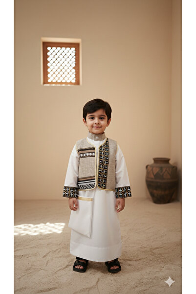 Maison Emarat Boys Traditional Ramadan Thobe & Embroidered Vest with pouch