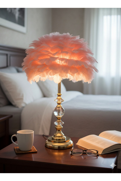 mysecrethome Lüks Kristal Ayaklı Gerçek Tüylü Dekoratif Abajur 50 cm | Gold G...