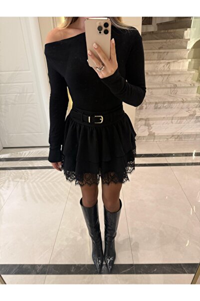 solena sln Дамска къса пола с колан и дантелени детайли