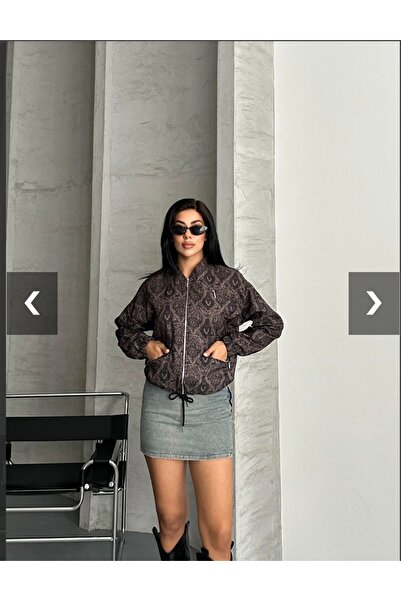 MG trend shop Kadın Etnik Desen Fermuarlı Bomber Ceket