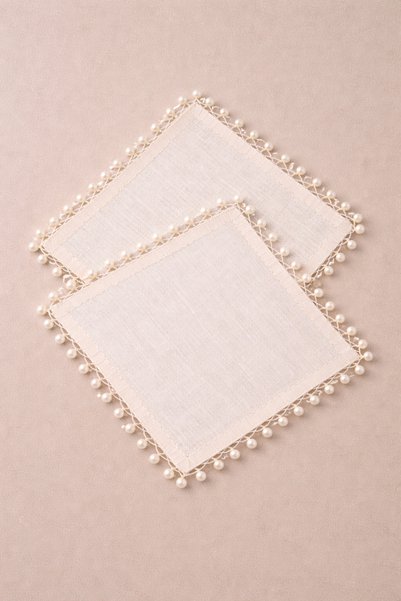 Ases Design Hand Embroidered - Coffee Presentation Napkin - Cocktail Napkin - Four Edges with Pearl Detail - Set of 2