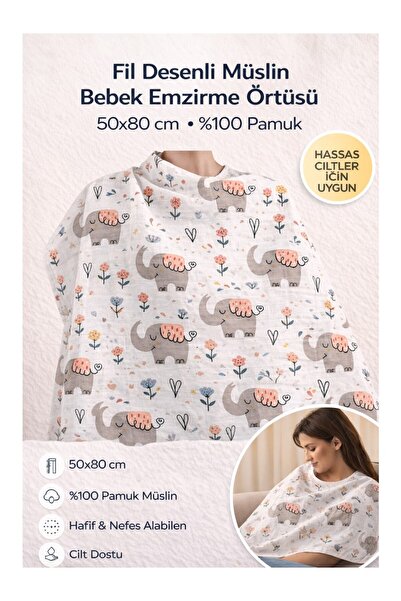 Müslin Emzirme Örtüsü %100 Pamuk 50X80 cm – Sevimli Fil Desenli