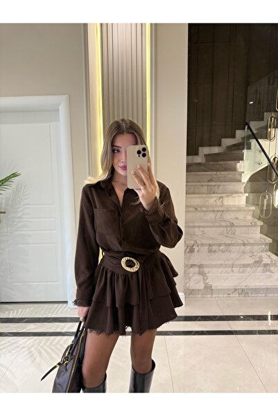 solena sln Γυναικείο μίνι φόρεμα με μακριά μανίκια και λεπτομέρεια στη ζώνη