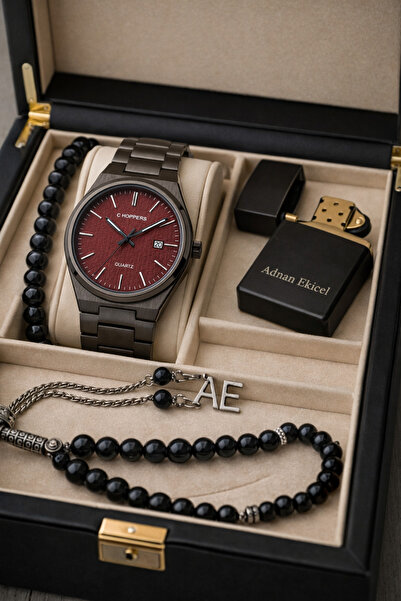 pierrose Siyah Çelik Kordon Su Geçirmez Metal Erkek Kol Saati Çakmak Tesbih B...