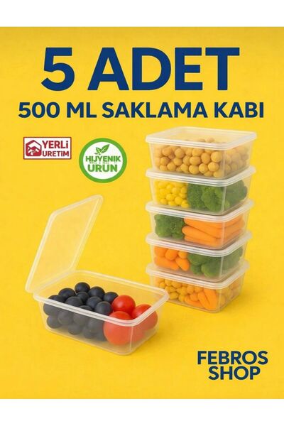 Febros 500ML Dikdörtgen Kendinden Kapaklı Derin Dondurucu Saklama Kabı 5'li S...