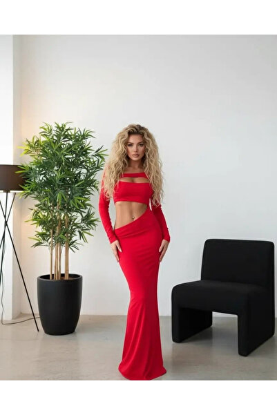 Afitapbutikmoda Asimetrik Yaka Bel Göbek Dekolteli Uuzn Strech Elbise