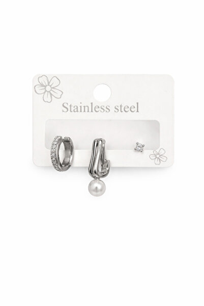 Stainless Steel İnci Detaylı 3’lü Küpe Seti – Zirkon Taşlı & Minimal Tasarım