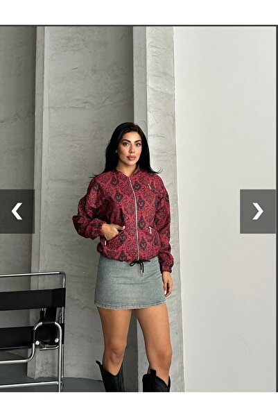 MG trend shop Kadın Etnik Desen Fermuarlı Bomber Ceket