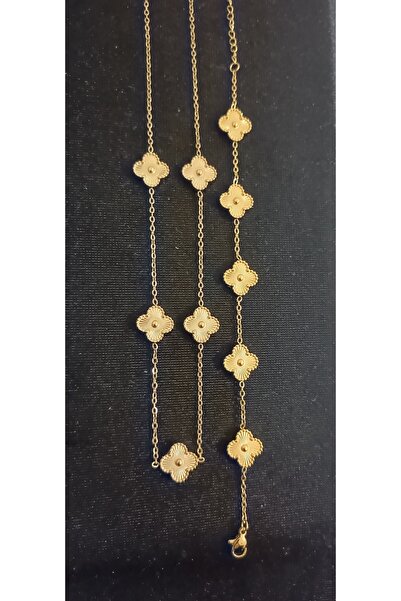 Shae Jewelry 5'li Gold Renk Yonca Model Kolye ve Bileklik Set Paslanmaz Çelik...