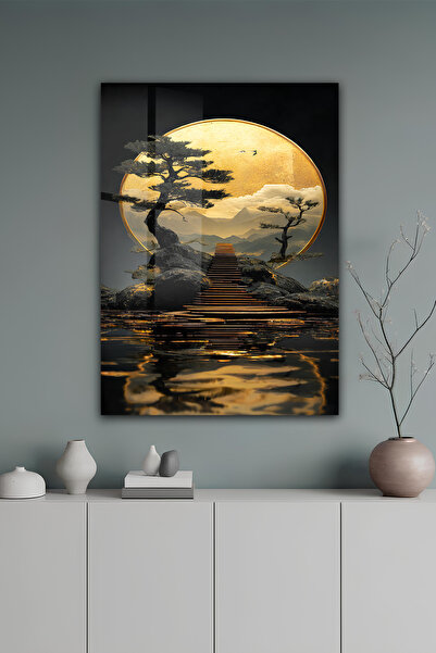 kutuTR Gold Ay Ve Merdivenli Manzara Tasarımı Temperli Cam Tablo 50x70 Cm 2D ...