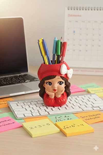 Şirin Hediyelik Pen Holder with Girl in Red Hat Figure |   Handmade Desktop A...